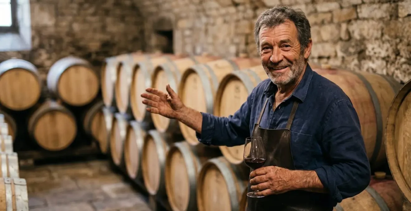 Vigneron mature expliquant son travail dans une cave traditionnelle avec barriques en chêne et lumière naturelle douce