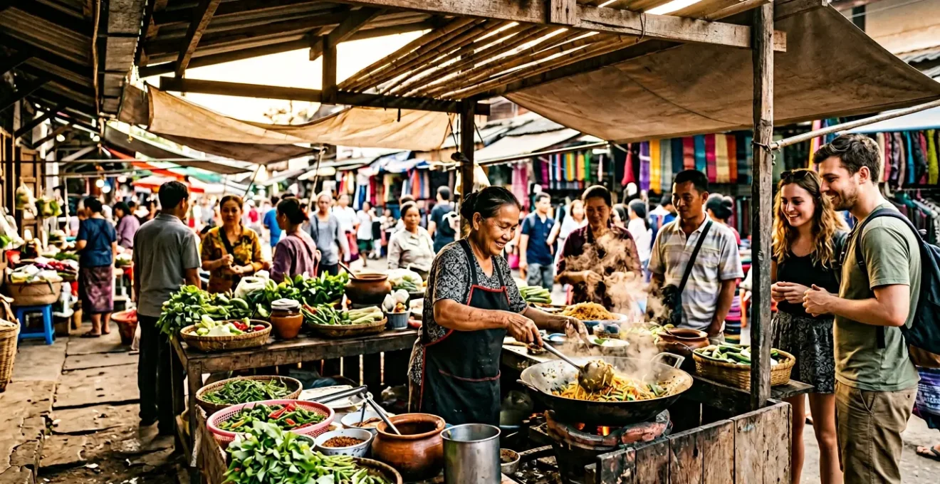 Scène de marché alimentaire local avec des stands de cuisine de rue authentiques et des échanges entre vendeurs et clients