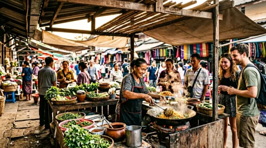 Scène de marché alimentaire local avec des stands de cuisine de rue authentiques et des échanges entre vendeurs et clients