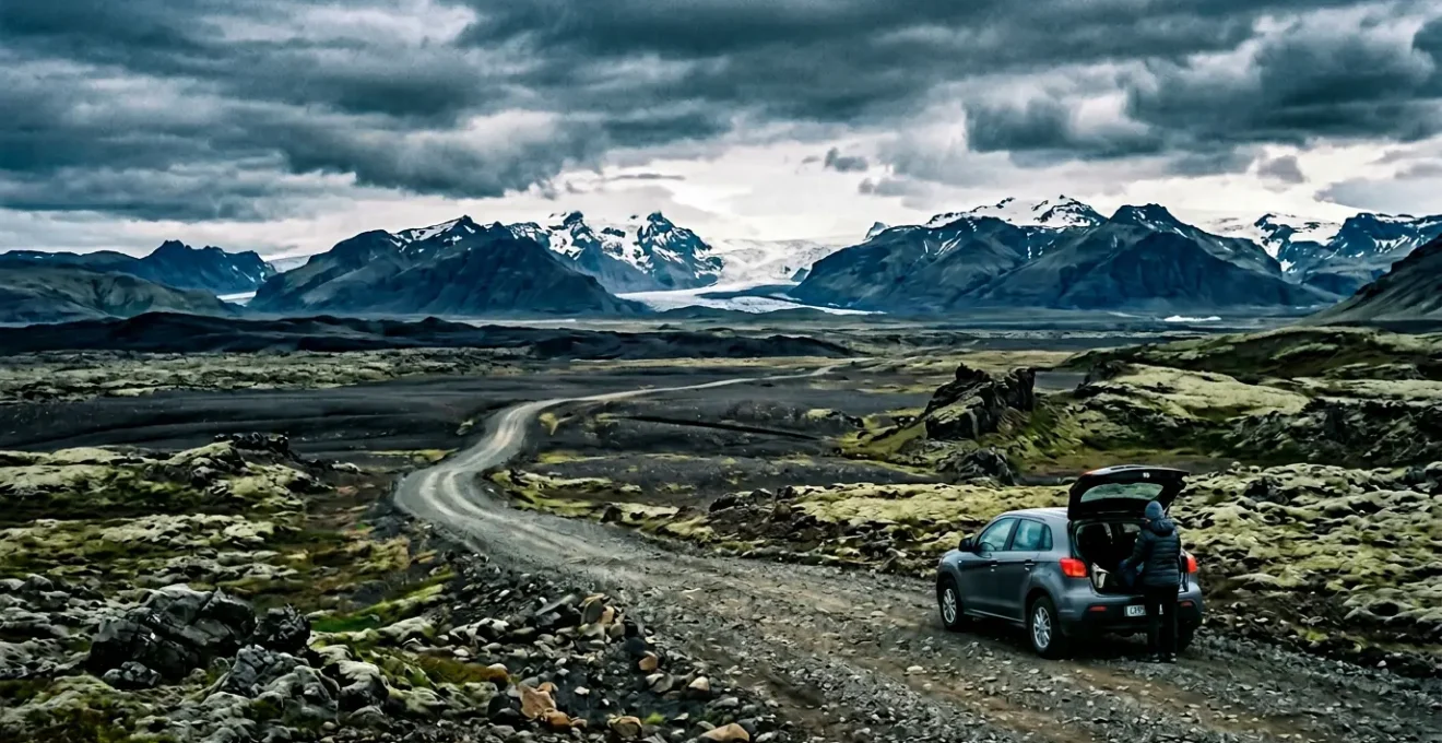 Voyageur planifiant son budget devant un paysage islandais avec glaciers et montagnes volcaniques