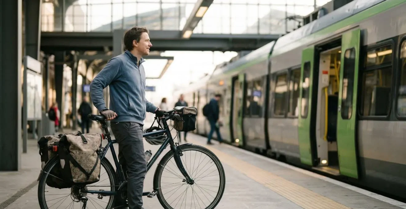 Voyageur à vélo sur le quai d'une gare avec un train régional en arrière-plan