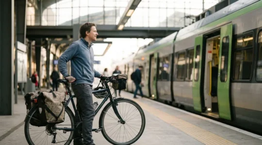 Voyageur à vélo sur le quai d'une gare avec un train régional en arrière-plan