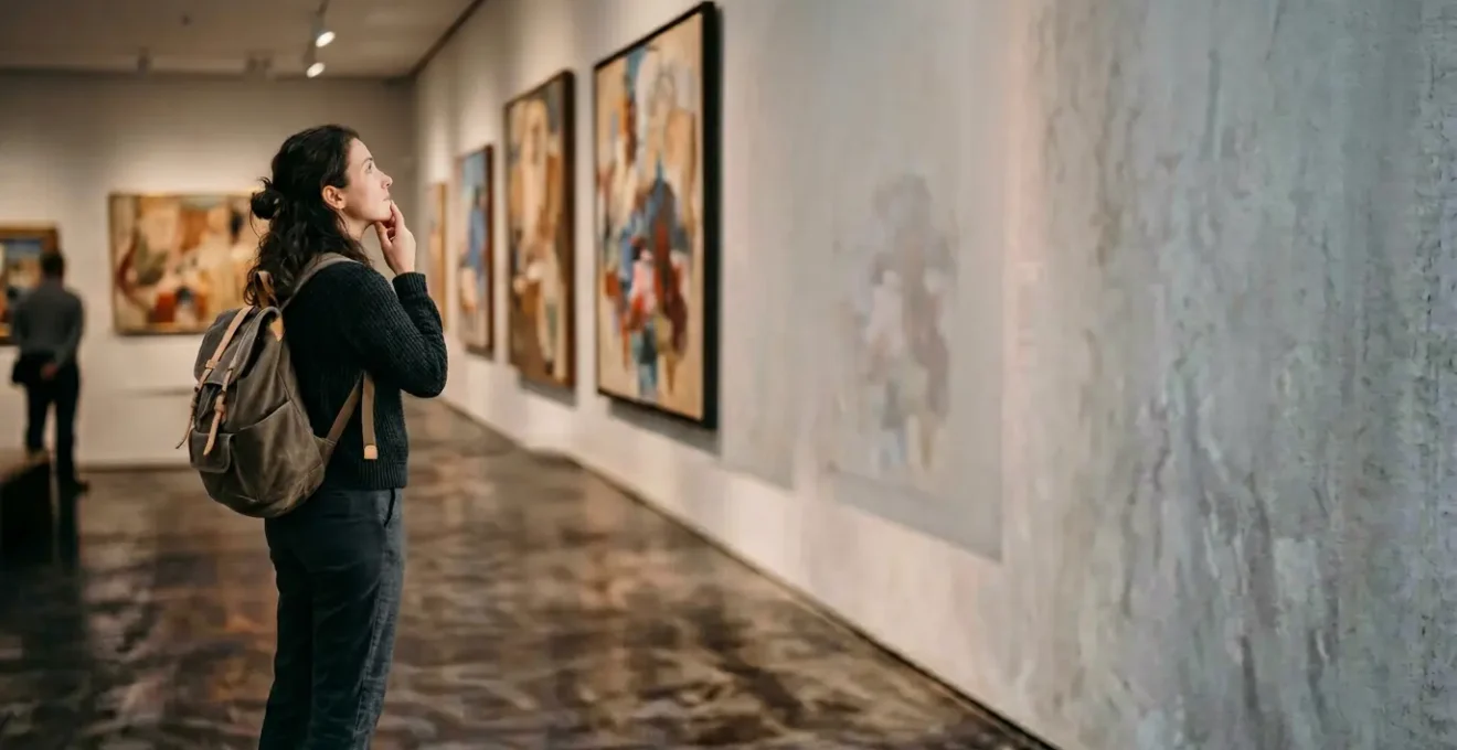 Voyageur contemplant des œuvres d'art dans un musée avec une expression de réflexion profonde