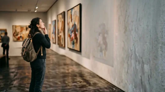 Voyageur contemplant des œuvres d'art dans un musée avec une expression de réflexion profonde