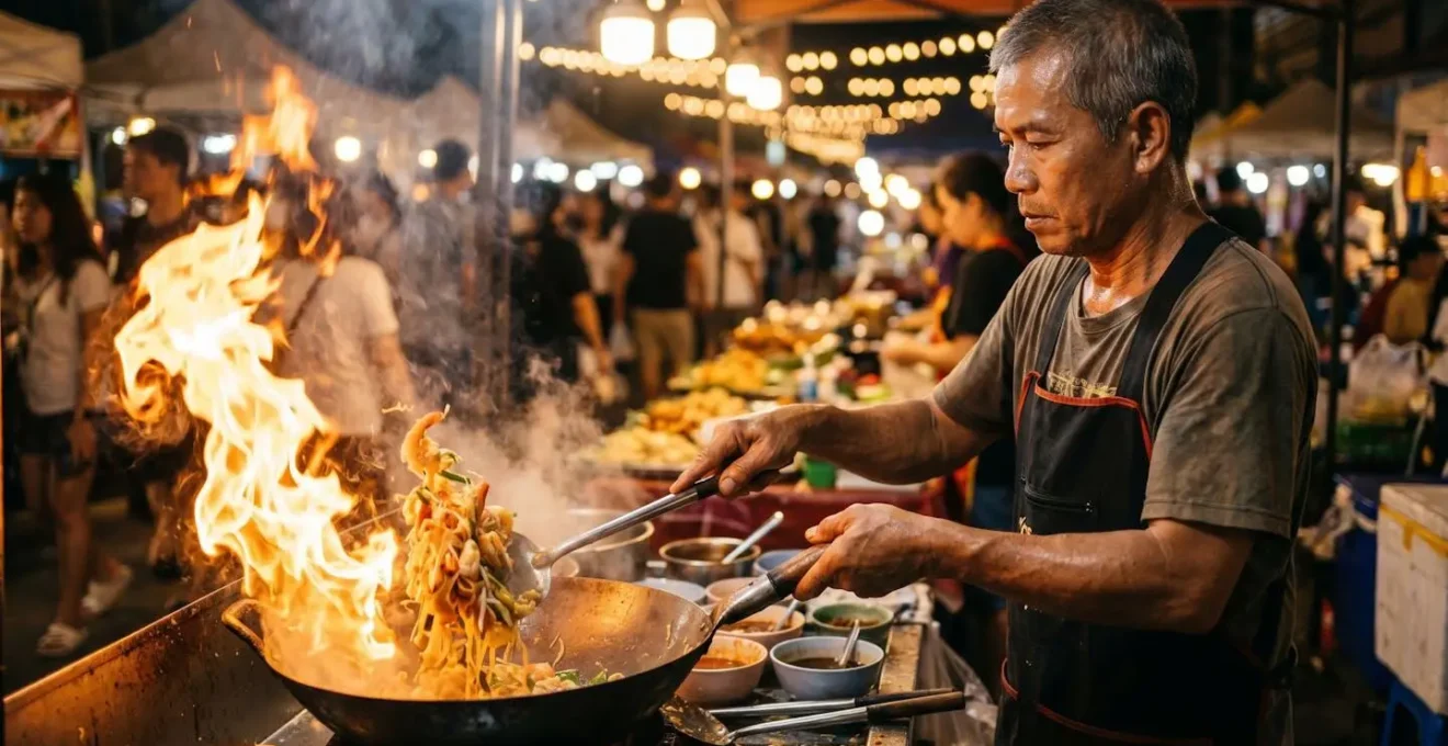 Chef cuisinant au wok dans un marché de nuit thaïlandais avec flammes vives