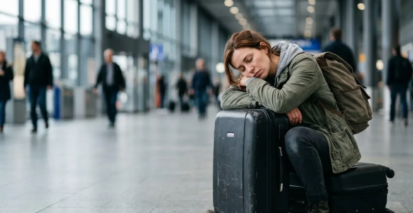 Voyageur épuisé assis sur sa valise dans une gare lors d'une escale courte