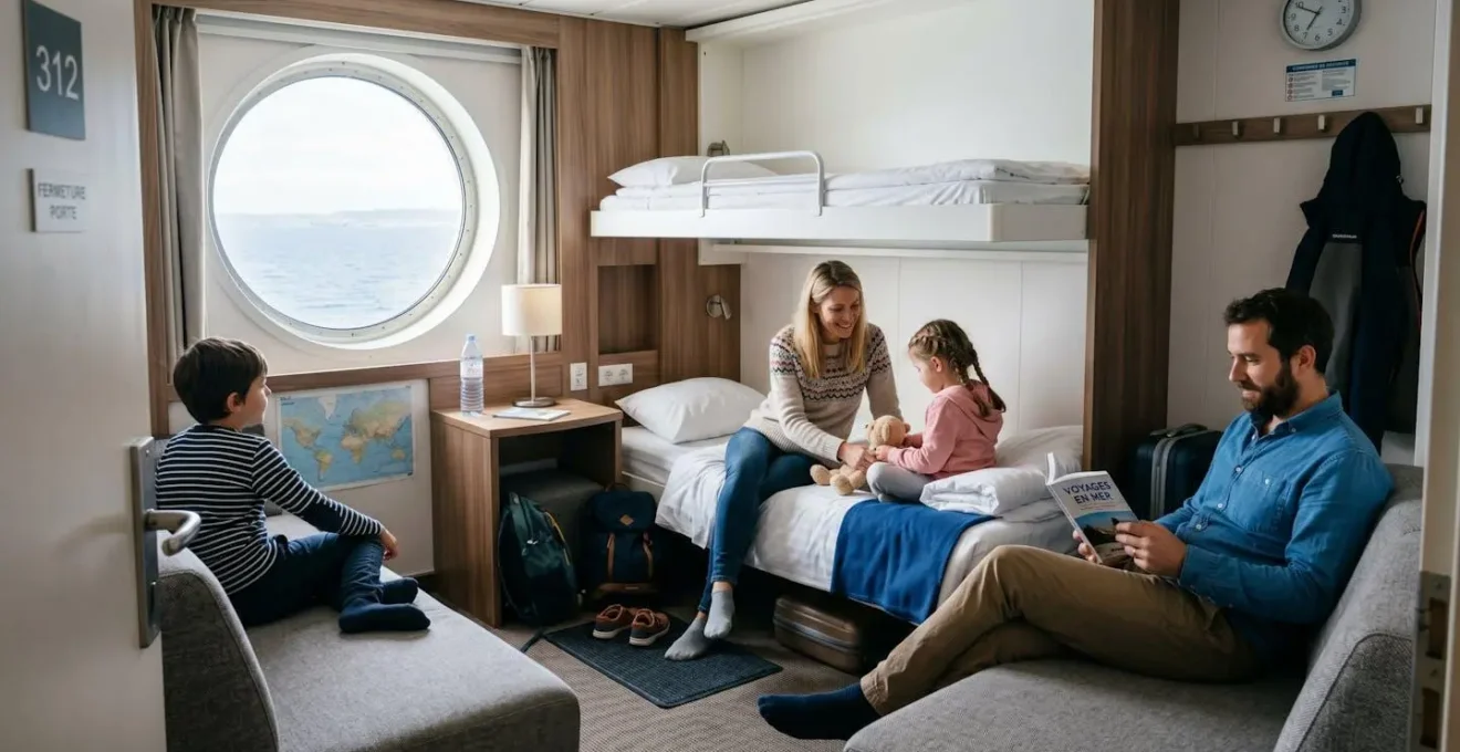 Famille avec enfants installée confortablement dans une cabine de ferry moderne