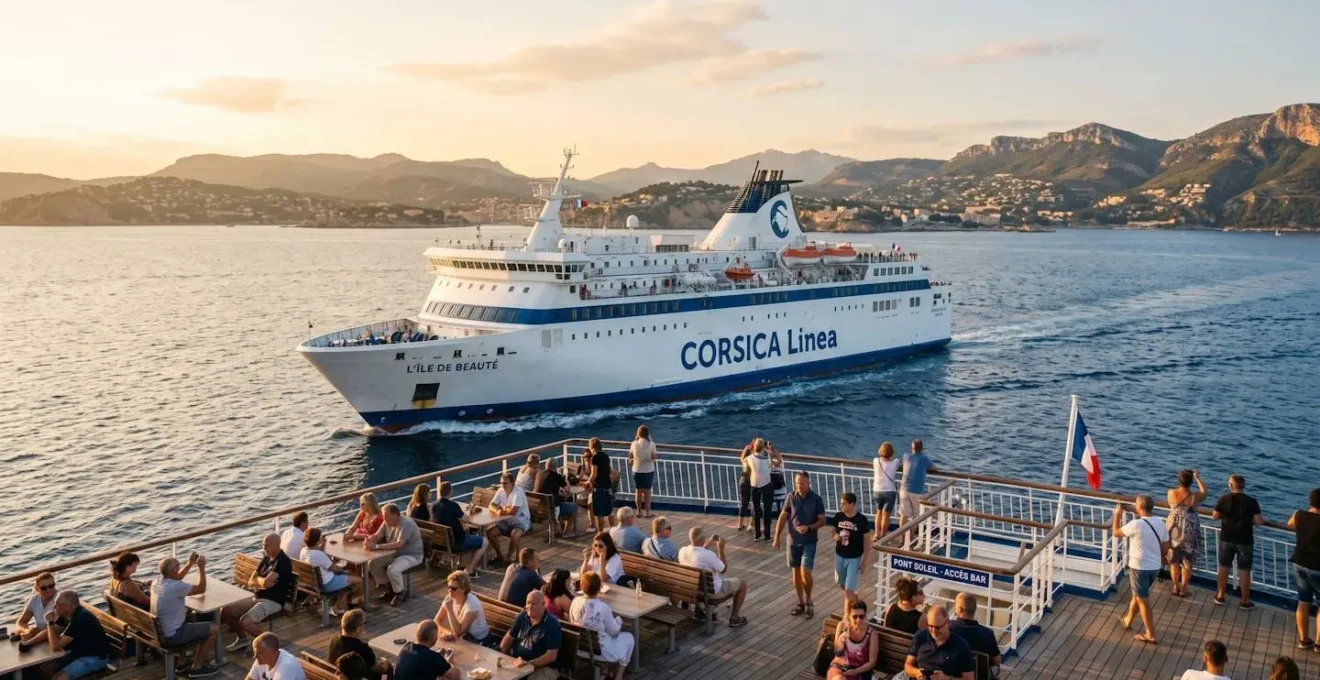 Ferry moderne naviguant sur la mer Méditerranée avec passagers sur le pont profitant de la vue panoramique