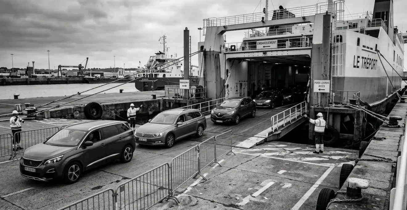 Véhicules familiaux embarquant sur ferry via rampe d'accès métallique dans un port français