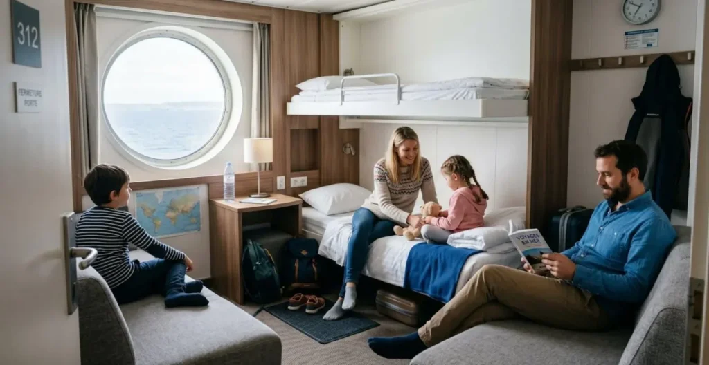 Famille avec enfants installée confortablement dans une cabine de ferry moderne Famille avec enfants installée confortablement dans une cabine de ferry moderne